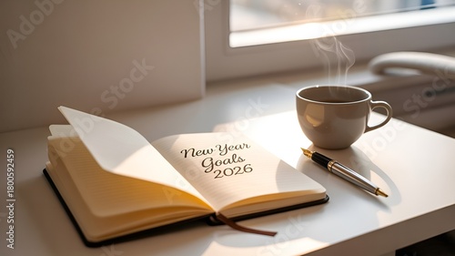 Open notebook and a cup of coffee.