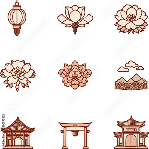  A set of nine hand-drawn icons in brown and beige, featuring East Asian themes. The icons include lanterns, various floral designs (likely lotus and peony), mountains, and traditional architectural 
