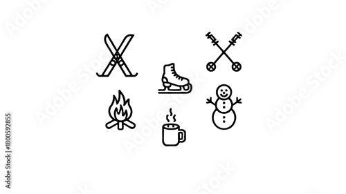 Winter essentials icons, with a snowflake, skis, ice skate, snowman, coffee mug and fire place, outline style. 