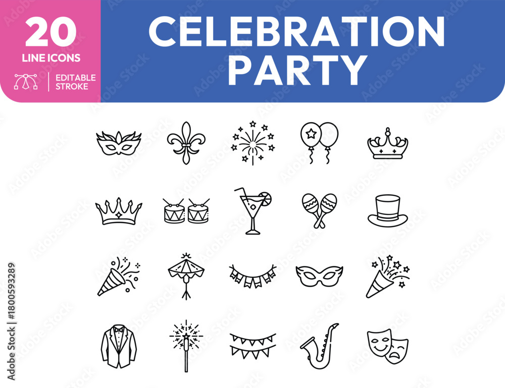 Obraz premium Celebration and Party Line Icons Masks Crowns Fireworks and Musical Instruments