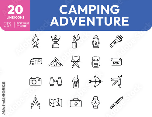 Camping Adventure Line Icons Bonfire Tent Compass and Outdoor Gear