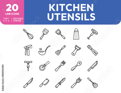 Collection of twenty kitchen utensils line icons featuring various cooking tools