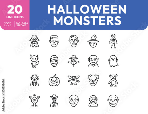 Collection of twenty Halloween monster line icons with editable strokes