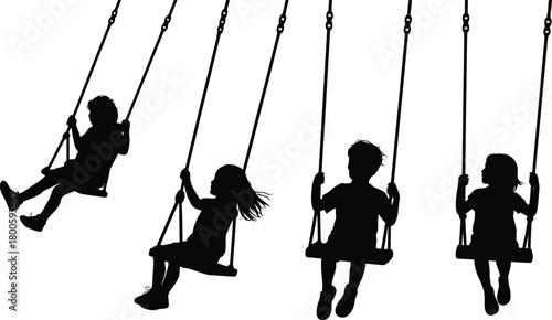 Silhouettes of children and people enjoying fun swinging in a playground park on a summer day