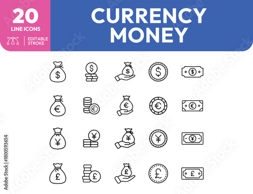 Currency and Money Icons Dollar Euro Yen and Pound Sterling