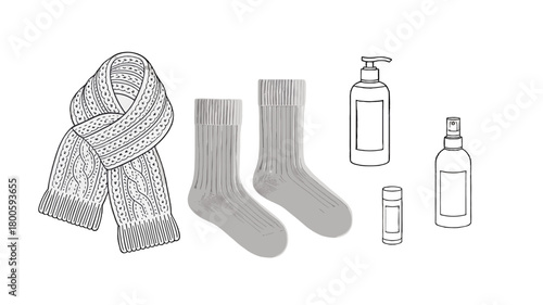 Collection of winter accessories with hygiene products.