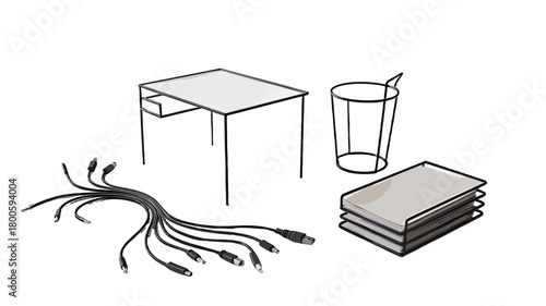 An artistic, minimalist illustration of a collection of items, carefully arranged.