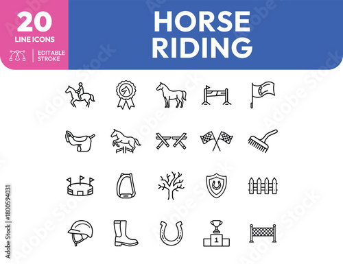 Equestrian Line Icons Horse Rider Saddle Jumps and Competition Elements
