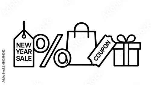 Promotional graphic elements with a shopping bag, gift box and coupon with new year sale wording.