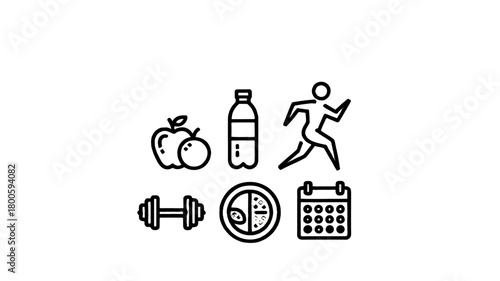 Health and fitness icons representing diet and exercise.