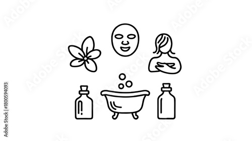 A collection of spa-themed items in a linear illustration.