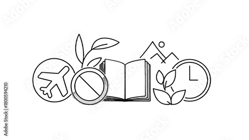 An open book surrounded by environment friendly elements.