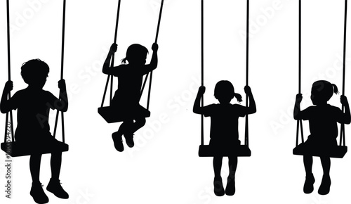 Silhouettes of children playing on swings in a row on a white background childhood