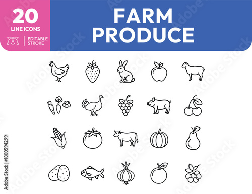 Farm Produce Line Icons Chicken Strawberry Rabbit Apple Sheep and More