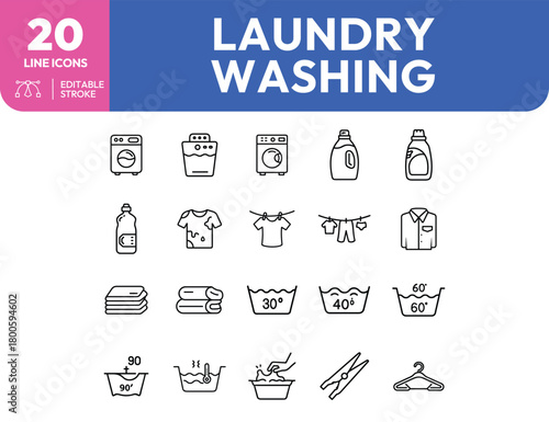 Laundry and washing line icons featuring machines detergents and temperature settings