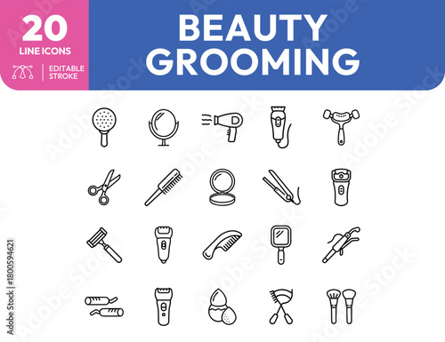 Line art icons depicting beauty and grooming tools in a minimalist style