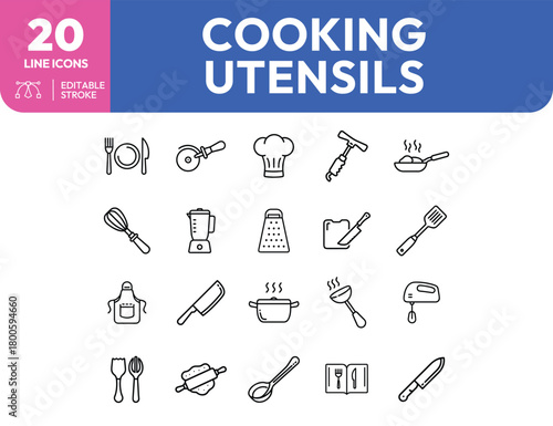 Minimalist Cooking Utensils Line Icons Fork Knife Whisk and More