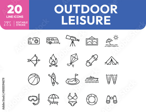 Outdoor leisure line icons camera trailer telescope painting beach bow campfire kite skateboard tent ball kayak golf boat fins snorkel chair bikini buoy binocul