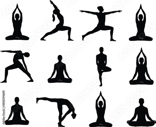 Twelve black silhouettes of people performing various yoga poses on a white background