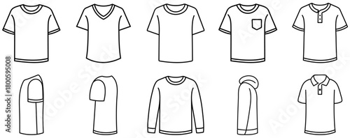 T shirt outline icon set. Clothing t shirt line icons. Apparel t shirt outline views. Fashion t shirt icon collection. Minimal t shirt line design. tshirt, fashion, cloth, garment, vector, icon