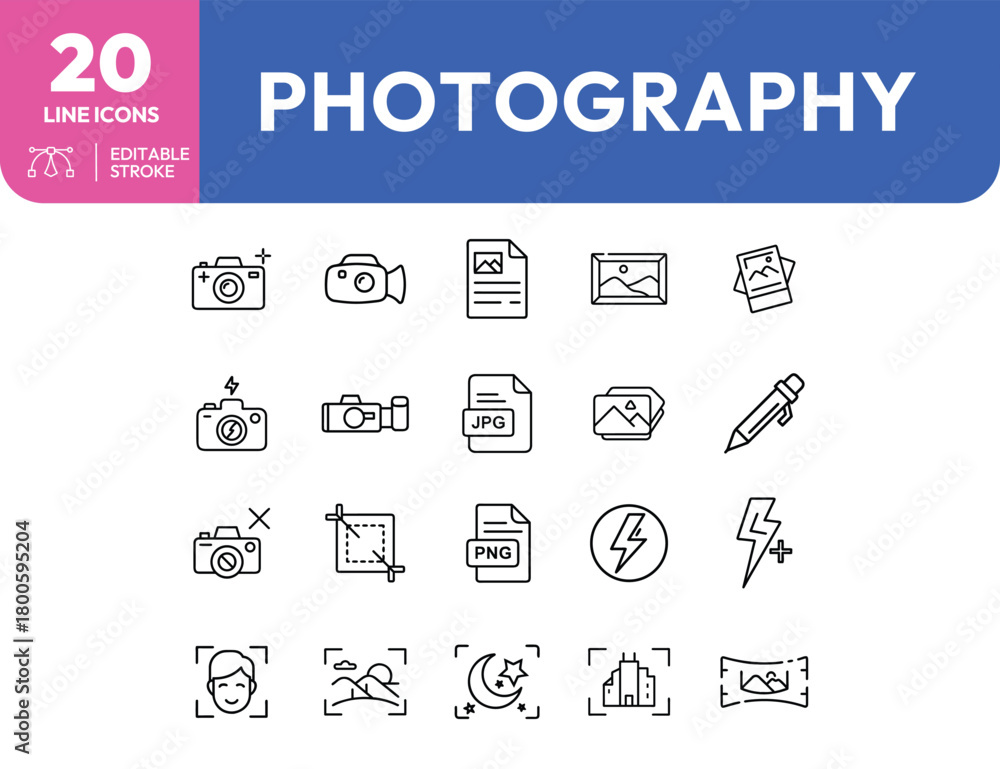 Fototapeta premium Photography Line Icons Cameras Files Editing and Landscape Elements
