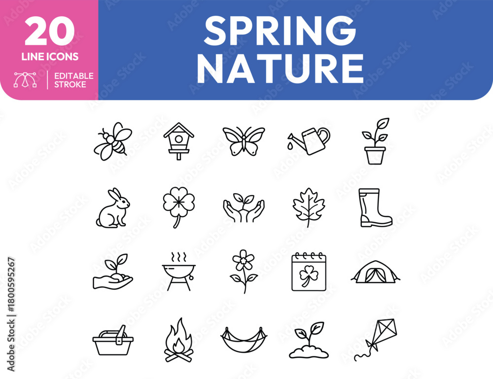 Fototapeta premium Spring Nature Line Icons Bee Birdhouse Butterfly Watering Can Plant and More