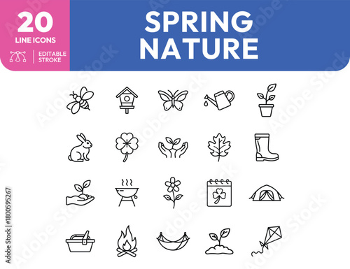 Spring Nature Line Icons Bee Birdhouse Butterfly Watering Can Plant and More