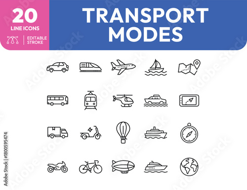 Twenty line icons depicting various modes of transport including land air and sea vehicles