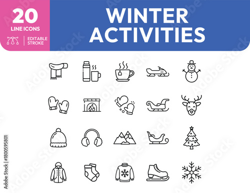 Winter Activities Line Icons Scarf Thermos Fireplace Sleigh Reindeer Christmas Tree