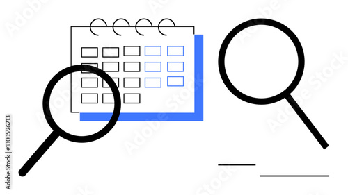 Magnifying glasses examining a calendar with marked dates and lines. Ideal for time management, organization, productivity, planning, scheduling, deadlines, and search concepts. Clean simple flat