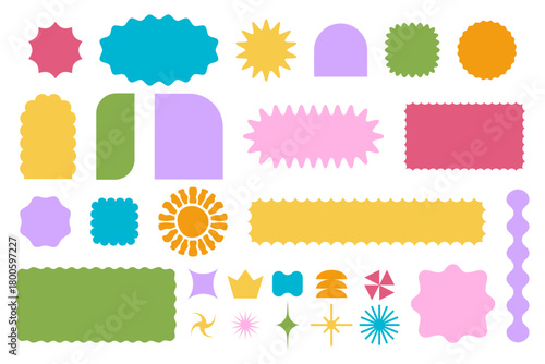 Set of colorful arch and semi-arch, rectangle and square, oval and circle shapes with curvy edges. Trendy geometric forms. Empty boxes, stickers, tags or labels. Vector flat illustration.