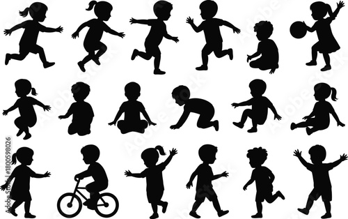 Collection of children's silhouettes in various playful poses and activities activity