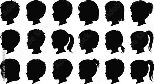 Extensive set of children's silhouette profiles with varied hairstyles head