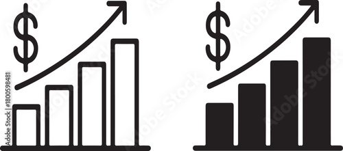 Black outline and solid fill dollar sign bar graph with upward trending arrow bar chart