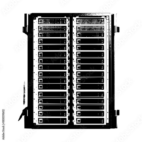 Illustration of a server rack with multiple servers stacked vertically in a black and white rendering style