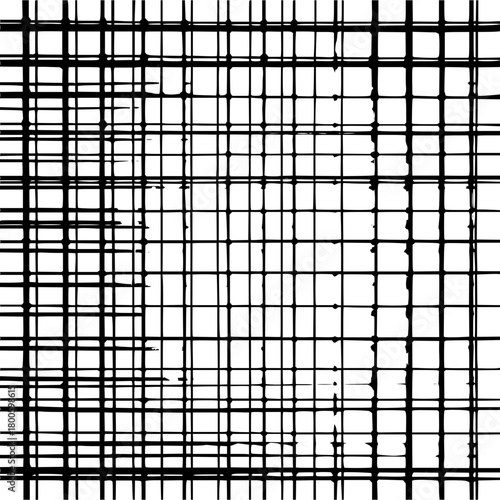 Abstract black and white grid pattern with uneven lines creating a textured visual effect on a white backdrop