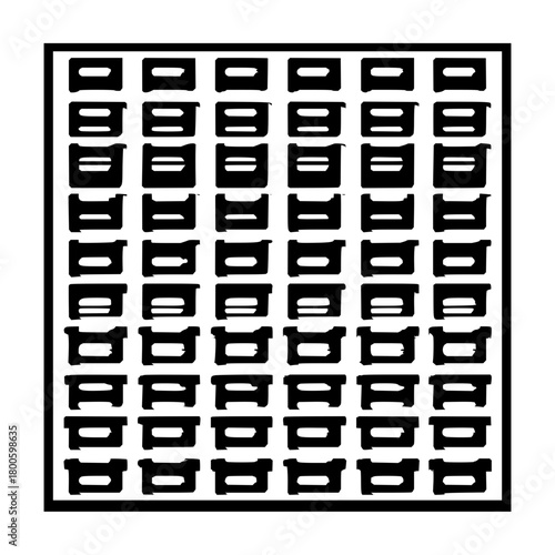 A grid of black rectangular shapes with horizontal lines inside arranged in rows and columns pattern design