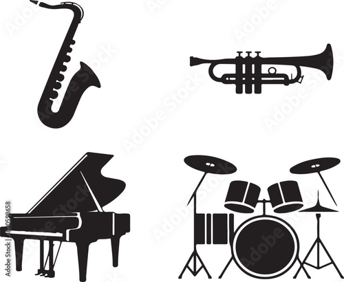 Black silhouette icons of saxophone grand piano trumpet and drum kit on white background