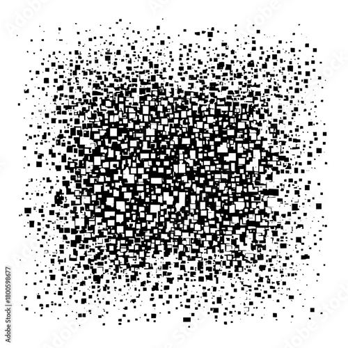 A dense arrangement of black squares of varying sizes scattered across a white background creating a textured effect