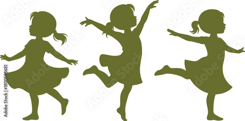 Silhouette of three girls dancing in different poses on white background child ballet