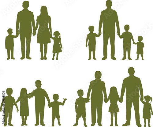 Silhouettes of families holding hands in olive green on white background family couple
