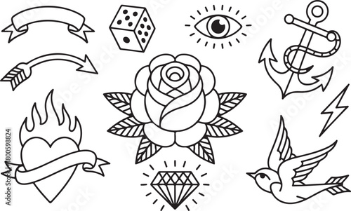 Classic tattoo flash sheet with rose and swallow