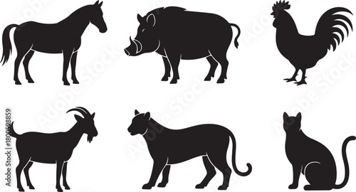 Collection of black animal silhouettes including horse boar rooster goat panther and cat