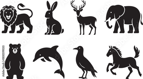 Collection of eight black silhouette animal icons including lion rabbit deer elephant bear dolphin bird horse