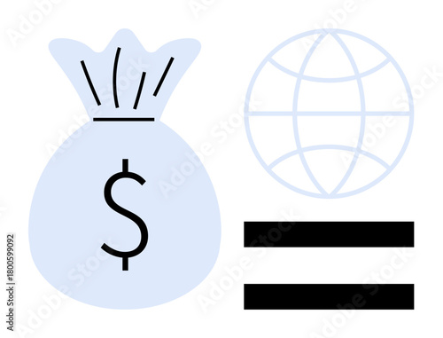 Money bag with dollar sign, globe, and equal sign emphasize global finance, economic equity, and monetary balance. Ideal for banking, trade, justice economy equality globalization concepts. A