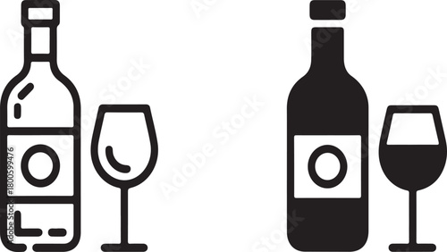 Two black line art icons of wine bottles and glasses on white background wine glass drink