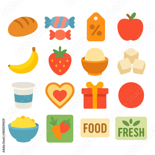 Assorted Delights: A vibrant array of illustrated food items, including fruits, sweets, and staples, symbolizing the essence of deliciousness and wholesome eating.