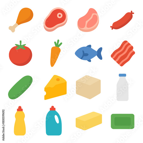 Culinary Assortment: A vibrant illustration showcasing an array of fresh food items, perfect for creating delicious meals. Featuring meat, vegetables, and dairy products.