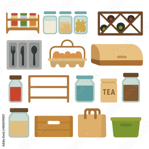 Pantry Essentials: An assortment of pantry staples neatly arranged, showcasing the essence of culinary preparedness, including various jars and containers for storing food, spices, and supplies.