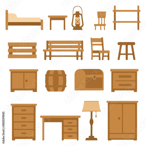 Wooden Furniture Collection: A collection of various wooden furniture items including bed, bedside table, lantern, shelf, bench, drawer, storage, chair and more